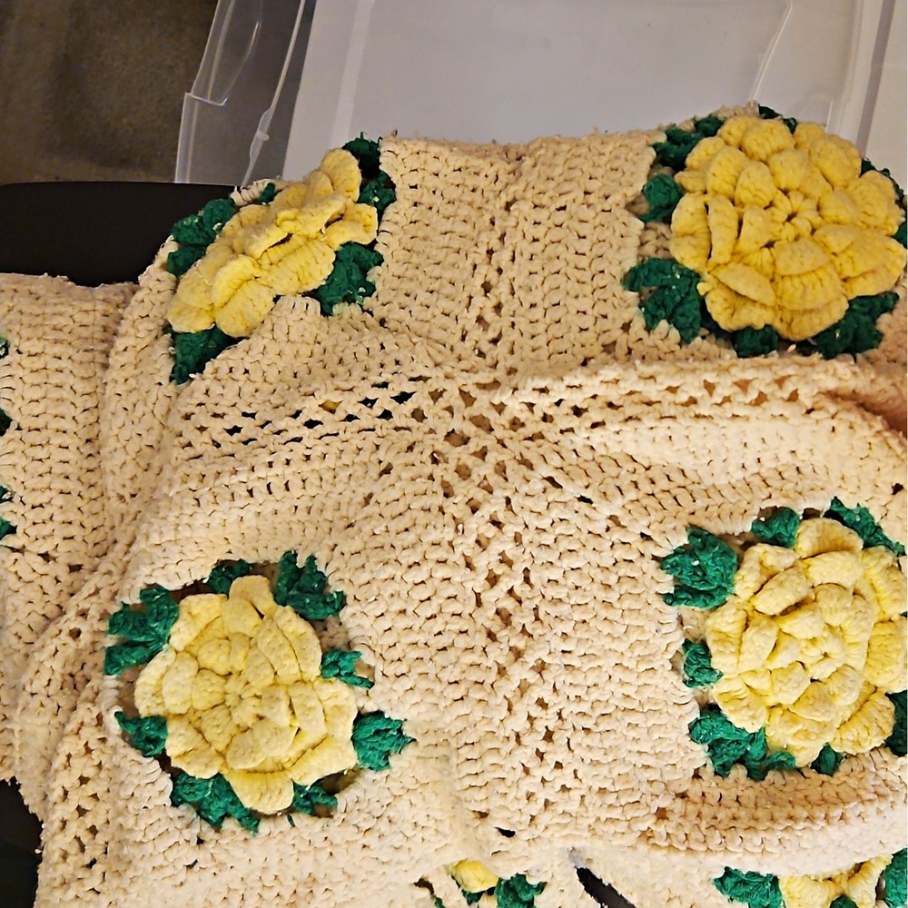 Handmade Vintage Crocheted Sofa Throw Blanket Floral Beige Yellow Green